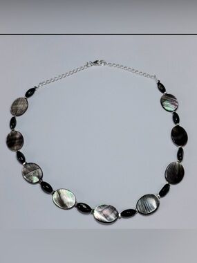 Hand Crafted Abalone Shell & silver bead necklace with chain & clasp closure 19"